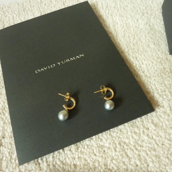 DAVID YURMAN 18K Gold 'Solari' Grey Pearl & Diamond Hoop Drop Earrings (NEW) - Picture 2 of 12